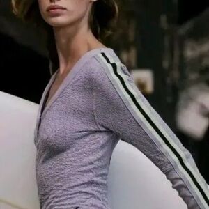 FP Movement by Free People Lavender V-Neck Long Sleeve Top with Stripe Sleeve